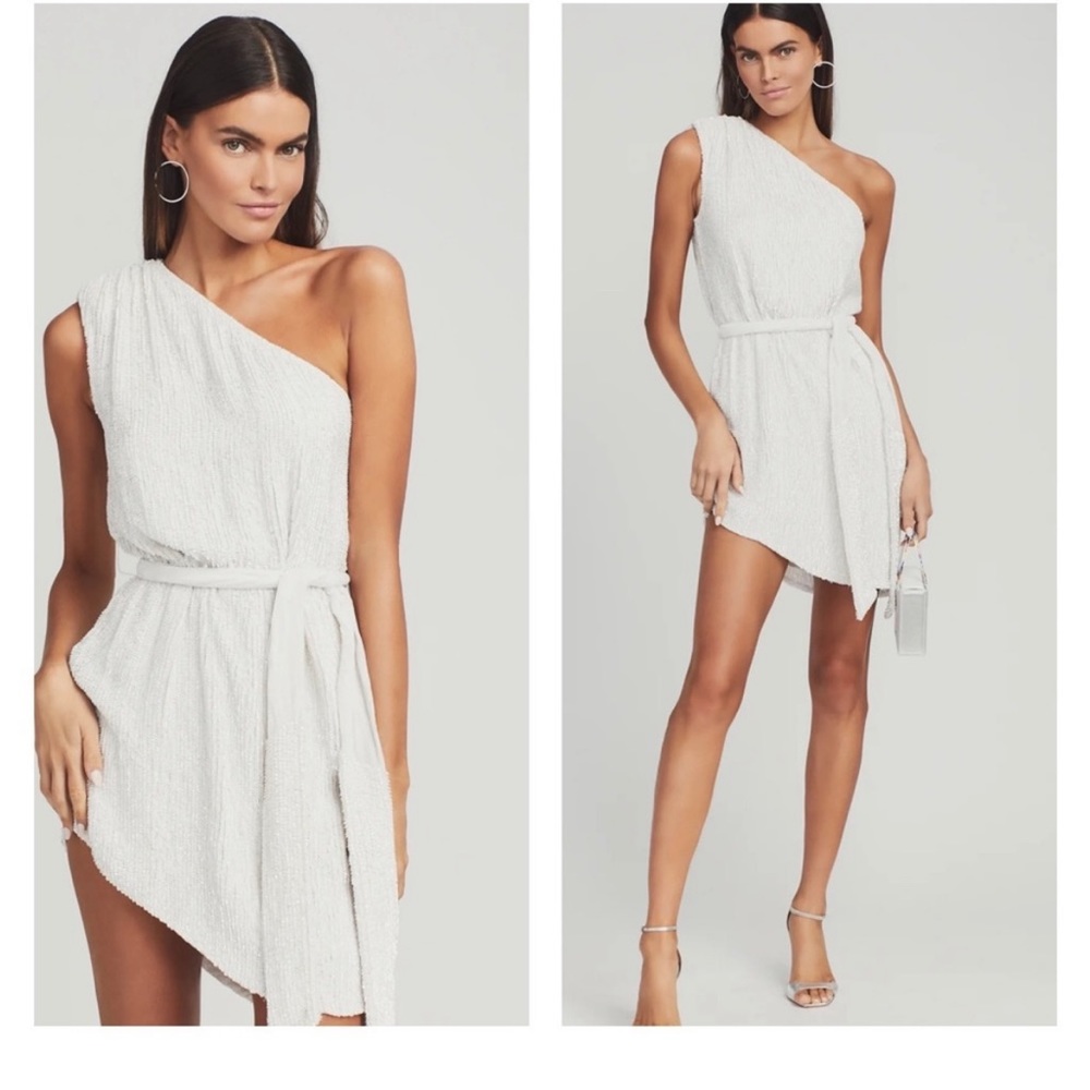 RETROFETE Ella One Shoulder Sequin Mini Dress Tie Waist Moonglow White